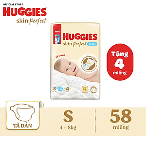 Tã/bỉm dán sơ sinh Huggies Skin Perfect S 54+4 miếng với 2 vùng thấm giảm kích ứng da