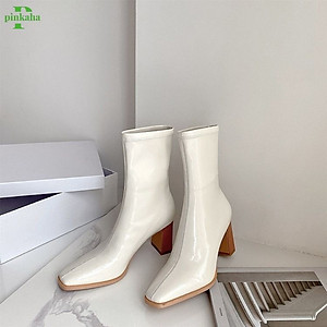 Giày Bốt Nữ Da Bóng Trắng Đen Ôm Chân Đẹp Gót 7 Phân Cổ cao Mũi Nhọn Không Có Khóa
