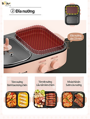 Nồi Lẩu Điện Mini, Nồi Lẩu Nướng Bear DKL-C12D1 Dung Tích 1.2 Lít Công Suất 1200 W - Hàng Nhập Khẩu