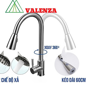 Combo chậu rửa bát 1 hố inox sus304 Valenza 6045, vòi rửa bát dây rút 01, xả, rổ inox, bình xà phòng