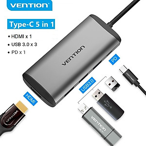 Cáp chuyển đổi Type-C sang HDMI + 3 cổng USB 3.0 + Type-C PD  Vention CNBHB - hàng chính hãng