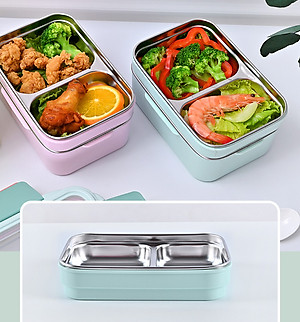 Hộp Cơm Giữ Nhiệt 2 Tầng Inox 2 Lớp Chắn Chắn Tặng kèm muỗng- Hàng Chính Hãng ( Màu ngẫu nhiên)
