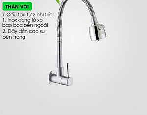 Vòi nước rửa chén bát Inox 304 Cắm Tường Cần mềm - Bát sen 1 Đường Nước (bảo hành 12 tháng)