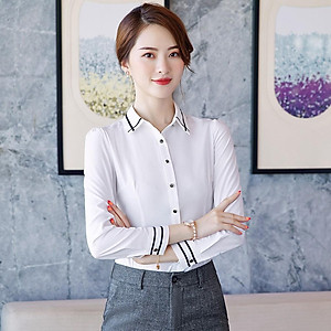 Áo sơ mi nữ công sở màu trắng phối viền công sở văn phòng dài tay thanh lịch