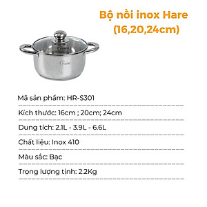 Bộ nồi inox đáy từ HR-S301 (16,20,24cm) - thương hiệu Hare -  lỗi 1 đổi 1