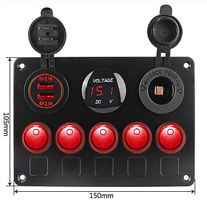Bảng công tắc 5 cổng USB 12V có đèn LED kỹ thuật số cho xe hơi/tàu thuyền