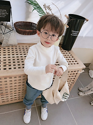 Áo giữ nhiệt cho bé 7-14 tuổi cao cổ vải cotton len dày dặn, Áo thun dài tay bé trai và bé gái chất liệu cao cấp