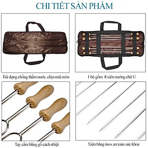Đồ cắm trại bộ 8 xiên nướng BBQ campingmoon campoutvn dùng với bếp than hoa inox du lịch dã ngoại sang trọng glamping A186