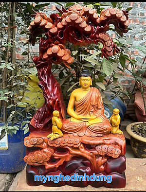 TƯỢNG PHẬT THÍCH CA NGỒI GỐC CÂY TÙNG BẰNG GỖ HƯƠNG ĐÁ TÔ LÀM MẦU GIẢ CỔ KT 50×31×15CM