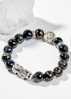 Vòng Tay Phong Thủy Nam Đá Mắt Hổ Xanh Đen Phối Charm Tỳ Hưu Bạc (10mm) Mệnh Thủy, Mộc Ngọc Quý Gemstones