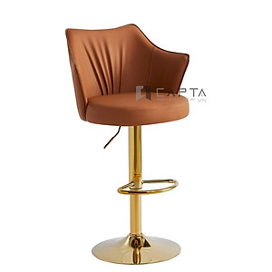 Ghế đảo bếp màu nâu CB2297B-P Nội thất Capta Ghế ngồi quầy bar có lưng tựa nệm PU mềm màu nâu chân thép tăng giảm mạ màu vàng