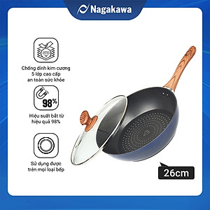 Chảo Sâu Lòng NAG2653 Đáy Từ 5 Lớp Chống Dính Vung Kính Siêu Bền Nagakawa (26cm) - Dùng Trên Mọi Loại Bếp - Hàng Chính Hãng