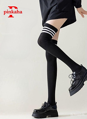 Tất Đùi Dày Dặn Qua Đầu Gối Dễ Thương Coplay Hàn Quốc Sọc Trắng Đen