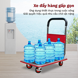 Xe đẩy hàng 4 bánh gấp gọn sàn thép FUJIHOME nhập khẩu, xe kéo hàng xếp gọn, bánh xe có chốt hãm - hàng chính hãng