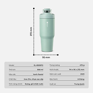 Ly giữ nhiệt inox Elmich EL8309 900ml, Hàng chính hãng, giữ nhiệt tốt, nắp bật, kèm ống hút -JoyMall