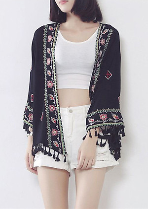 Áo khoác kimono voan ngắn đi biển, viền thổ cẩm mix họa tiết xinh | KM006