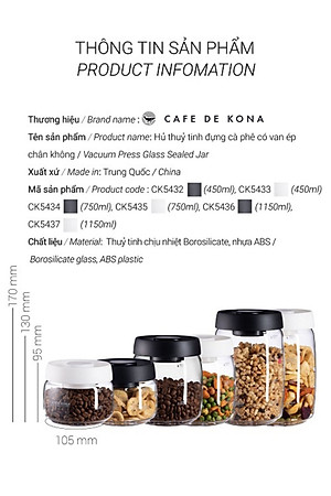 Hũ thủy tinh hút chân không bảo quản thực phẩm CAFE DE KONA