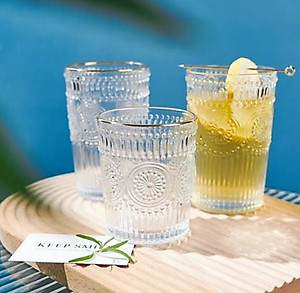 BỘ 6 CỐC THỦY TINH CHỊU NHIỆT CAO CẤP  UỐNG NƯỚC HOA VĂN TRỐNG ĐỒNG DẬP NỔI - ANTH674
