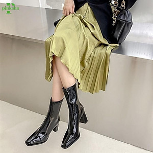 Giày Bốt Nữ Da Bóng Trắng Đen Ôm Chân Đẹp Gót 7 Phân Cổ cao Mũi Nhọn Không Có Khóa