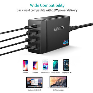 Cóc củ sạc nhanh 72W 3 cổng USB & 1 cổng PD Type-C 3.0 hiệu CHOETECH 1C3UEU-101BK cho điện thoại / máy tính bảng / Macbook / Laptop - Hàng chính hãng