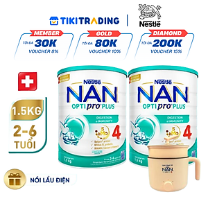 Bộ 2 lon Sữa bột NAN OPTIPRO PLUS 4 Nestle Bé 2-6 tuổi 1500g/lon Giúp tiêu hóa tốt