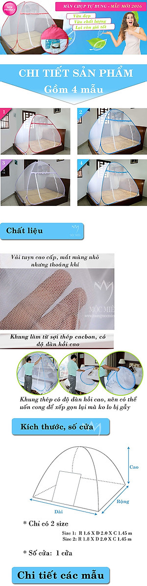 Màn chụp tự bung đỉnh tù cao cấp Mộc Miên loại 1,6m x2m -1 cửa 