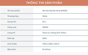 (HOT NEW) Nồi Lẩu Hấp 4 Tầng 24L SEKA SK6620 - 1500W Đa Năng 4 in 1 Hấp, Lẩu, Khử Trùng, Tiệt Trùng - Hàng Chính Hãng Bảo Hành 2 Năm