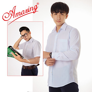 Áo sơ mi nam trắng Amazing, vạt bầu, đồng phục học sinh, công sở, form suông Regular, chất liệu KT silk mềm mượt, size từ 45-105kg