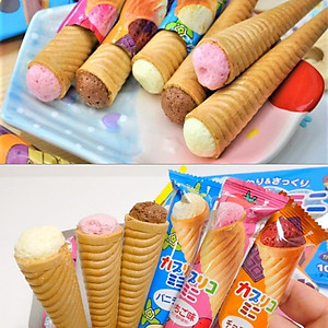 Hộp 10 Bánh ốc quế Glico nhân kem (Vanilla, Dâu, Chocolate) 87g - Nhập khẩu Nhật Bản