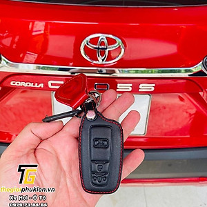 Bao da móc viền chỉ đỏ bảo vệ chìa khóa xe Toyota Corolla Cross 2020 kèm móc đeo Inox
