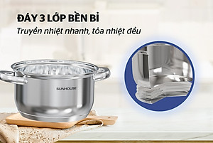 Bộ nồi inox 3 đáy Sunhouse SHG361, Chất liệu inox sáng bóng an toàn cho sức khỏe, Vung kính cường lực siêu bền, Tay cầm và núm vung bọc silicon chịu nhiệt, chống bỏng, an toàn, Sử dụng trên mọi loại bếp - Hàng chính hãng