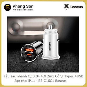 Tẩu sạc trên ô tô Baseus 2 cổng (USB +Type) sạc nhanh Q.C 4.0 30W c- Hàng Chính Hãng