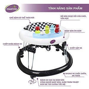 Xe tròn tập đi có đồ chơi và nhạc cho bé Mastela W2002 bánh xe cao su hãm di chuyển theo quán tính siêu nhẹ xoay 360 độ