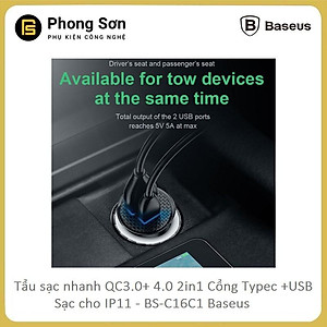 Tẩu sạc trên ô tô Baseus 2 cổng (USB +Type) sạc nhanh Q.C 4.0 30W c- Hàng Chính Hãng