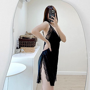 Q6 Váy ngủ lụa cao cấp  - Váy ngủ lụa phối ren xẻ tà - Đầm ngủ sexy hai dây gợi cảm- Váy ngủ nữ