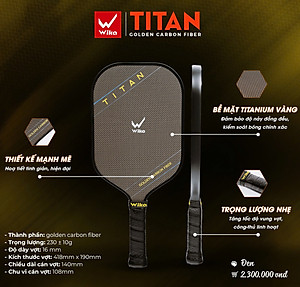 Vợt Wi-ka Titan chơi Pickleball siêu bền, kiểm soát bóng tốt với mặt vợt bằng TITANIUM VÀNG - Chính hãng