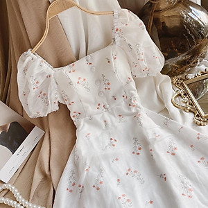 Váy hoa nhí cổ vuông tiểu thư - váy trắng hoa nhí hàn quốc