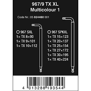Bộ hoa thị dài nhiều màu sắc (không lỗ) 967/9 TX XL Multicolour 1 Wera 05024480001