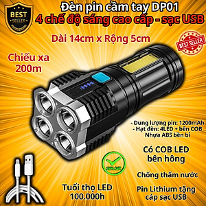 Đèn Pin Cầm Tay DP01 Gồm 4 Chế Độ Chiếu Xa 200m, Đèn Pin Mini DP03 Có 3 Chế Độ Sáng Chính Hãng D Danido, Có COB Led thân