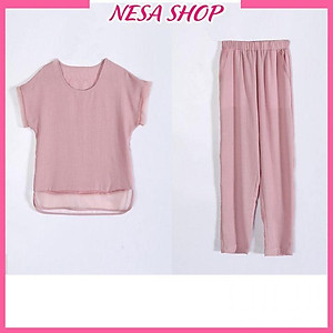 Đồ bộ trung niên tay ngắn cho Bà cho Mẹ, chất liệu Đũi mát mẻ, thấm hút mồ hôi, đồ bộ mặc nhà NeSa Shop ĐBH.27