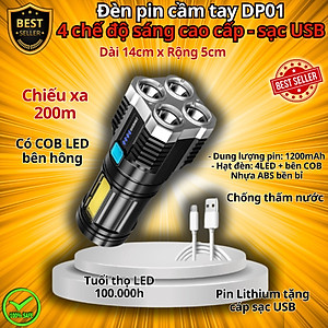 Đèn Pin Cầm Tay DP01 Gồm 4 Chế Độ Chiếu Xa 200m, Đèn Pin Mini DP03 Có 3 Chế Độ Sáng Chính Hãng D Danido, Có COB Led thân