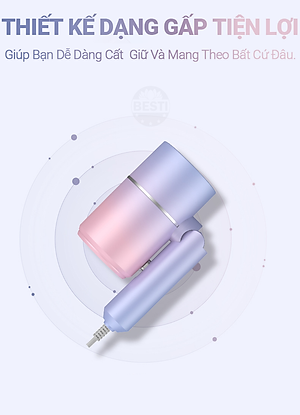 Máy Sấy Tóc Mini Gấp Gọn Besti Cao Cấp, Công Suất Lớn, Động Cơ Êm Ái, Ổn Định, Tặng Đầu Sấy Tạo Kiểu Tóc Chuyên Nghiệp - Hàng Chính Hãng