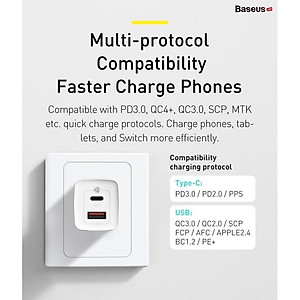 Củ sạc siêu nhanh Baseus GaN2 Lite Quick Charger 65W (Type C+ USB) - Hàng Chính Hãng