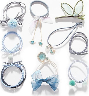 Sét 9 dây buộc tóc và kẹp xinh xắn, có kèm túi lưới phong cách Hàn Quốc, giao màu ngẫu nhiên+ Tặng kèm hình dán 