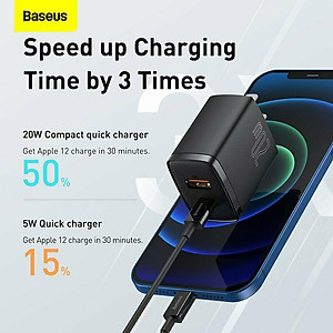 Cóc sạc  Baseus Compact Quick  nhỏ gọn 20W (USB + Type C Dual Port, 20W PD/QC 3.0 Multi Quick Charge Support) cho iPhone 12/iP11/XS Max, Android .. - Hàng chính hãng