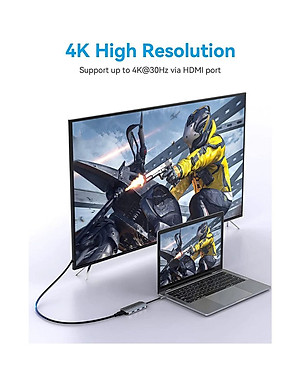 Hub Type-C to HDMI 6 in 1 cho Macbook có sạc nhanh - Chuyển đổi HUB USB Type C to HDMI, VGA, USB 3.0, PD Type-C Vention - Hàng chính hãng