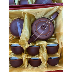 Ấm Chén Trà Tử Sa Bát Tràng Búp Sen Nâu Chỉ Đỏ