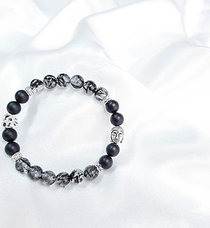 Vòng tay mệnh thủy, kim đá thạch anh tóc đen mix nham thạch+ charm mặt phật LAT.98