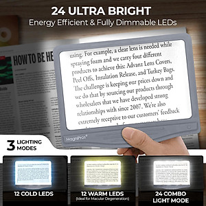 Kính lúp đọc sách cỡ lớn cao cấp Magnipros 1820GY+ST- FBA (5X, có đèn led 3 chế độ màu vô cấp để giảm mỏi mắt, có khung đỡ) (Hàng chính hãng)