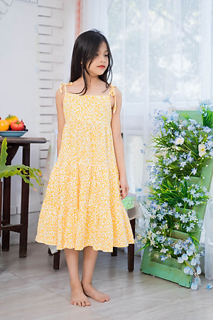 Váy đầm thun hai dây mầu vàng cho bé gái Sora Chan - M001